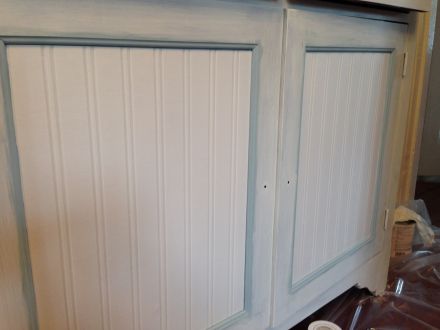 Coastal Kitchen Cupboard with Wainscoting Wallpaper Panel Inserts