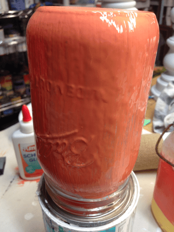 Mason Jar Coated Orange Paint over Glue